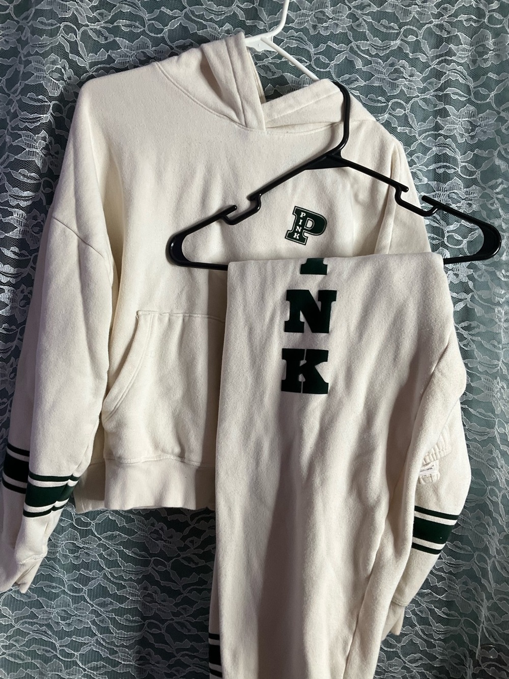 PINK Victoria's Secret Ivory Cowl Hoodie Green Lettering 2 Piece Set Medium